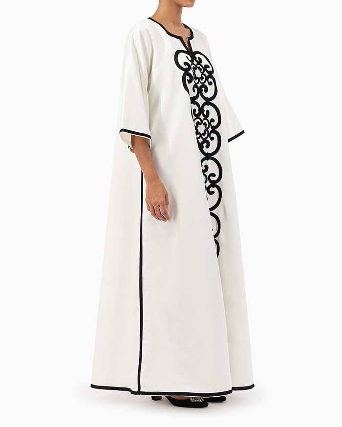 Model wears White Moroccan Kaftan