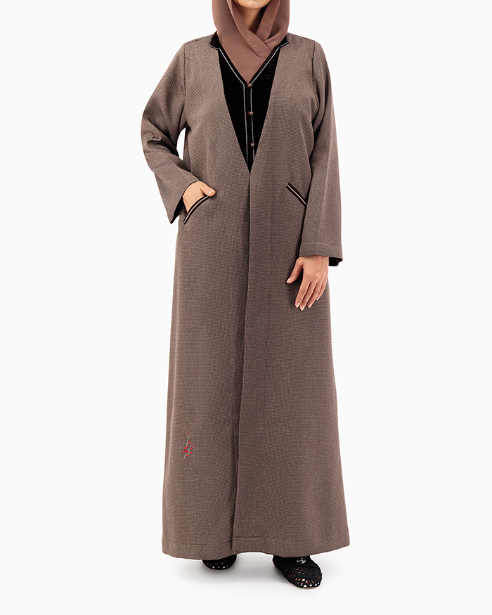 Model wears Brown Abaya With Velvet Vest