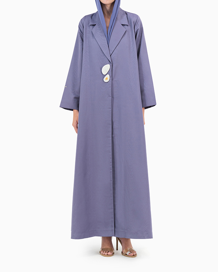 Model wears Purple Abaya With 2 Buttons