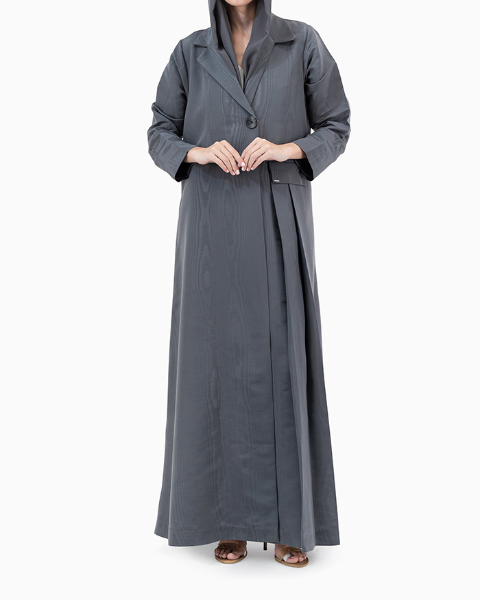 Model wears Dark Grey Jacquard Abaya